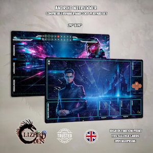 May include: Two Android Netrunner playmats, 61cm x 36cm, with a futuristic design. One mat features a woman with red hair, the other a man in a suit. Text includes "Android Netrunner" and "Compatible Runner and Corp Playmat Set".