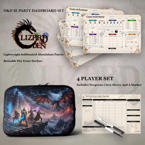 May include: D&D 5E Party Dashboard Set with a black zippered case displaying fantasy art, character dashboards, and an initiative and combat tracker. Includes a neoprene carry sleeve and a marker. Lightweight sublimated aluminium panels with a reusable dry erase surface.