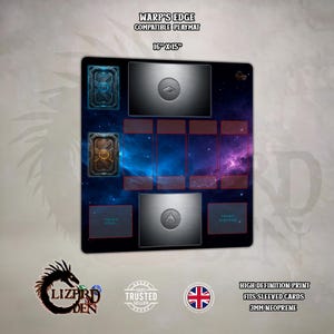 May include: A rectangular playmat with a cosmic design, featuring a blue and purple nebula background. The mat is 16" x 15" and includes spaces for cards, tokens, and a discard pile. The text "WARP'S EDGE COMPATIBLE PLAYMAT" is printed at the top.