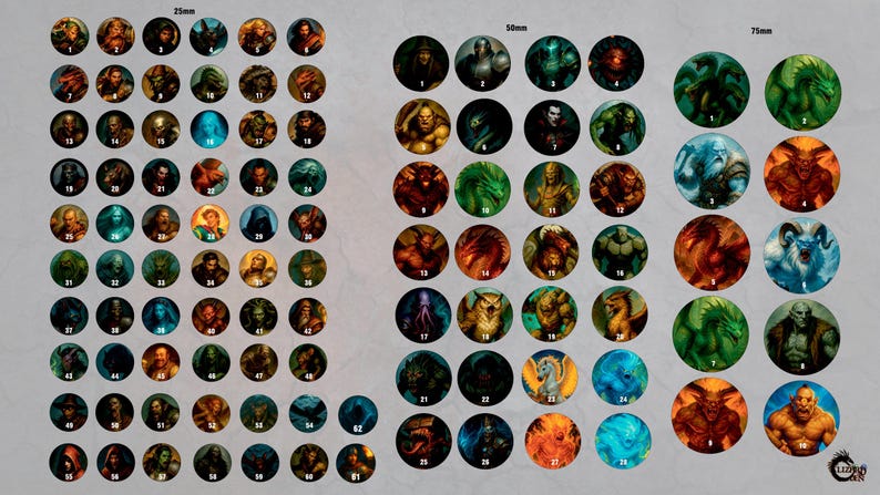 K&ouml;nnte beinhalten: Eine Sammlung kreisf&ouml;rmiger Fantasy-Kunstwerke in verschiedenen Gr&ouml;&szlig;en, die detaillierte Portr&auml;ts von Fabelwesen und Charakteren zeigen. Die Kunstwerke zeigen eine Reihe von Farben und Stilen, mit Gr&ouml;&szlig;en von 25 mm bis 75 mm.