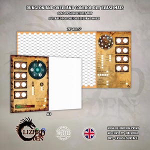 May include: A set of dry erase mats for solo RPG/GM use. The mats feature a hex grid, a grid, and game-specific layouts. The text on the mat reads "DUNGEON AND OVERLAND CONTROL DRY ERASE MATS" and "24" x 11.5". The mats are printed on high-definition, no-curl PP material.