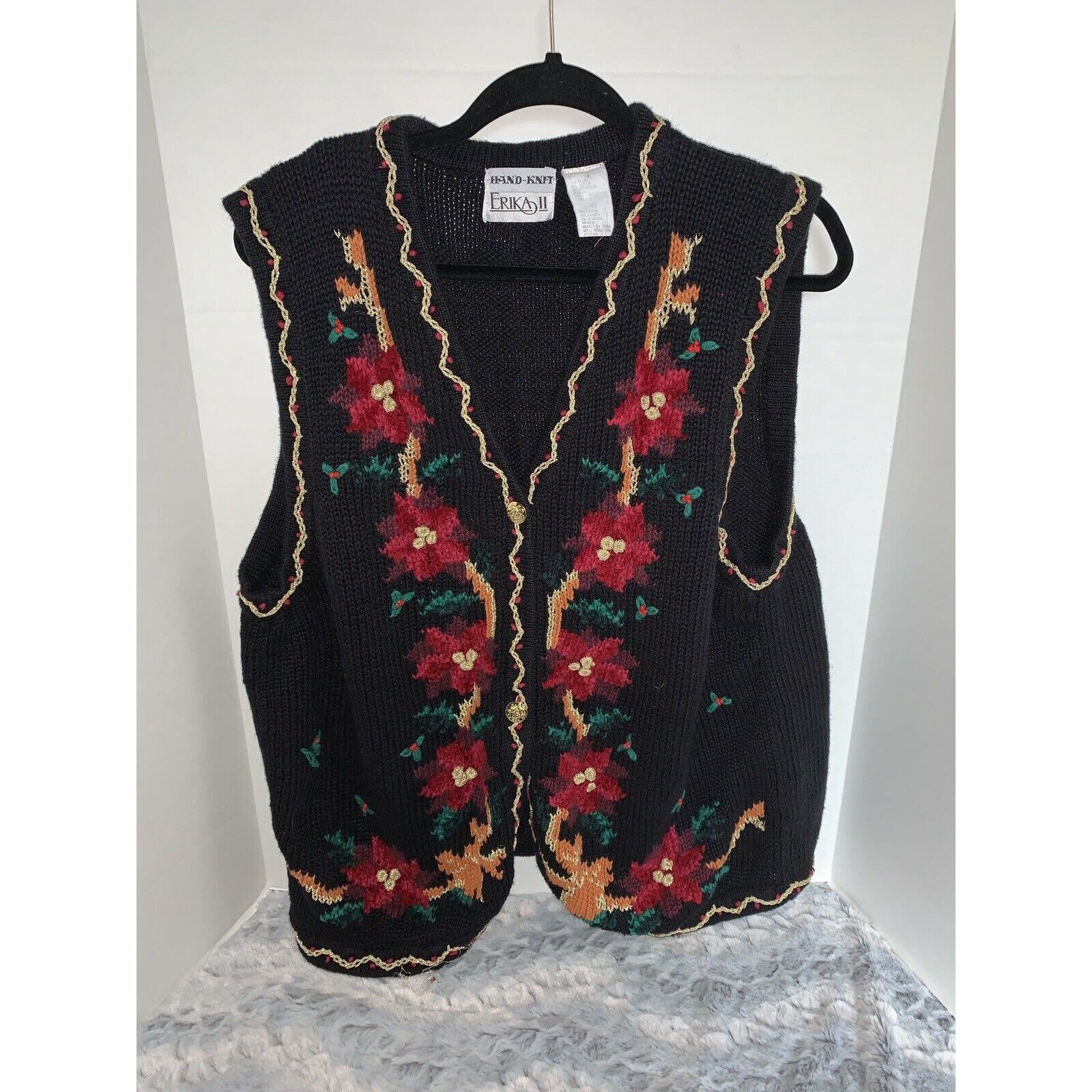 UnearthingThrifty Vintage Holiday Christmas Hand Knit Erika Size 2x Sweater Vest Black Red Green Gold Button