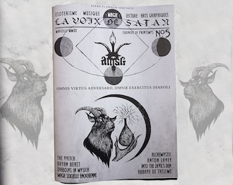 May include: A black and white magazine cover with the title "La Voix de Satan" and the text "OMNIS VIRTUS ADVERSARII, OMNIE EXERCITUS DIABOLI". The cover features a black and white illustration of a goat's head with horns and a pentagram.