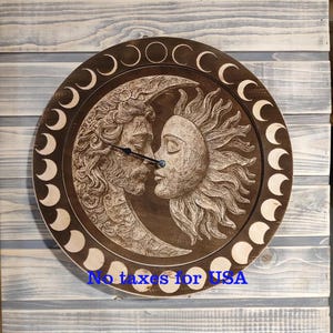 Moon Phase Wooden Wall Clock: Celestial Sun & Moon Decor