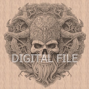 Laser-Gravur-Dateien, Wikinger-Schädel Yggdrasil, 3D-Illusion, Holzgravur, xTool, Glowforge Laser-Ready-Dateien.