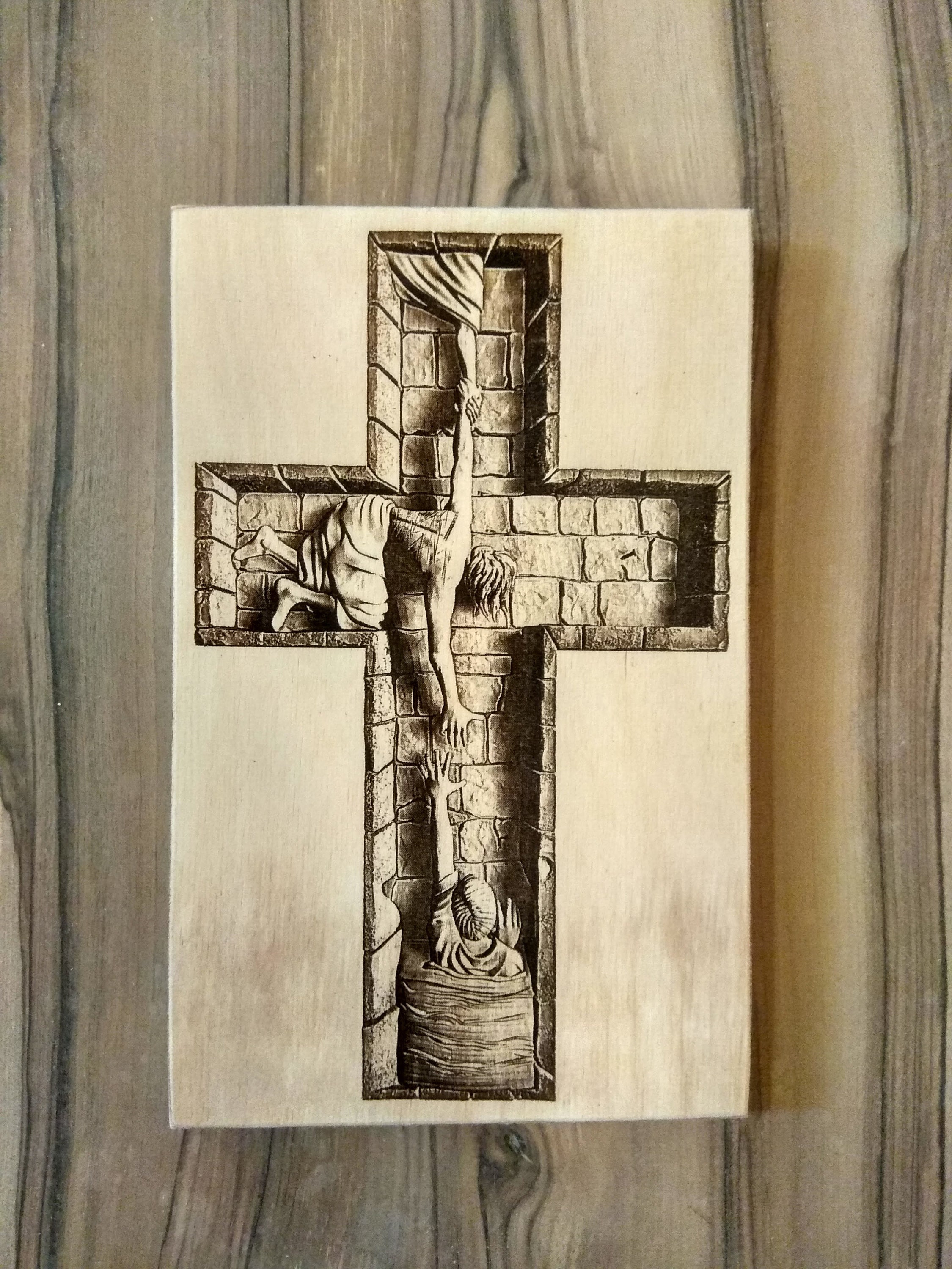 Laser Engraving Wooden Cross Wall Art, 3D Illusion Crucifix, Wood