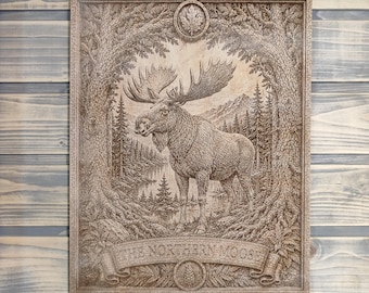 Moose Wall Art, Wildlife Wood Decor, Northern Moose Engraved Panel, Rustic Cabin Gift