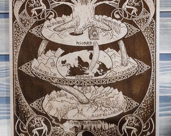 Wood Burned Yggdrasil Nine Worlds, World Tree, Norse Mythology