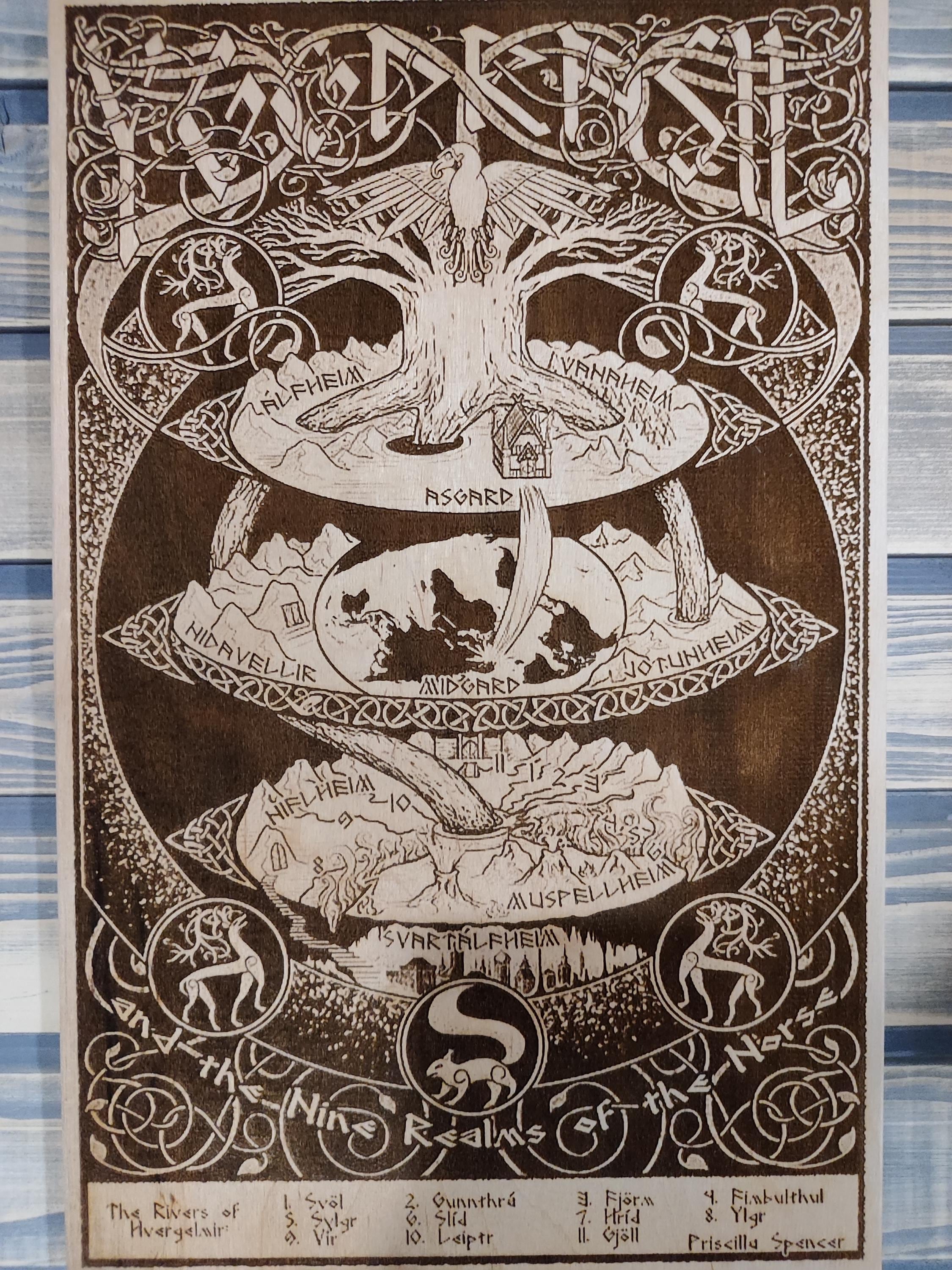 Wood Burned Yggdrasil Nine Worlds, World Tree, Norse Mythology