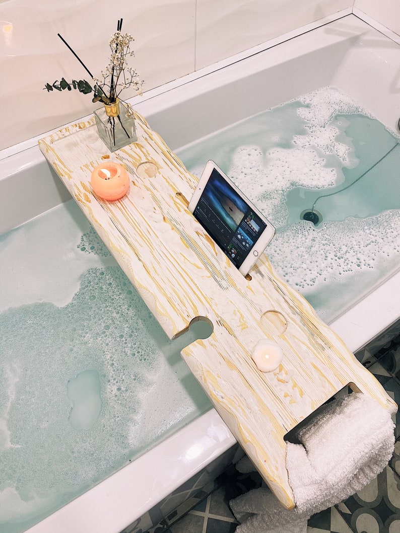 Wooden Bath Caddy Bathtub Tray Farmhouse Bath Caddy Rustic Etsy