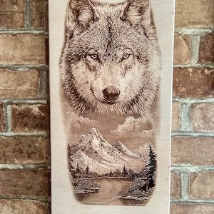 Wood Burned Wolf, Wood Mountain Scene, Wolf Art, Wolf and Mountain Wall Decor.