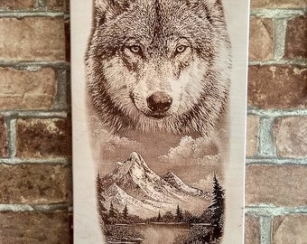 Wood Burned Wolf, Wood Mountain Scene, Wolf Art, Wolf and Mountain Wall Decor.
