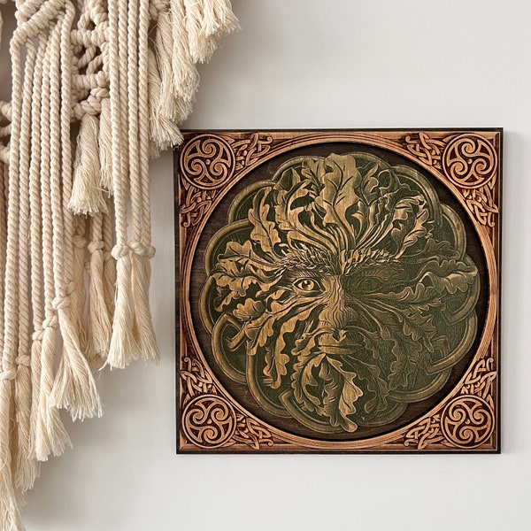 Keltische groene man houten muur opknoping, laser gegraveerd bosmythologie muur plaquette, pagan decor.