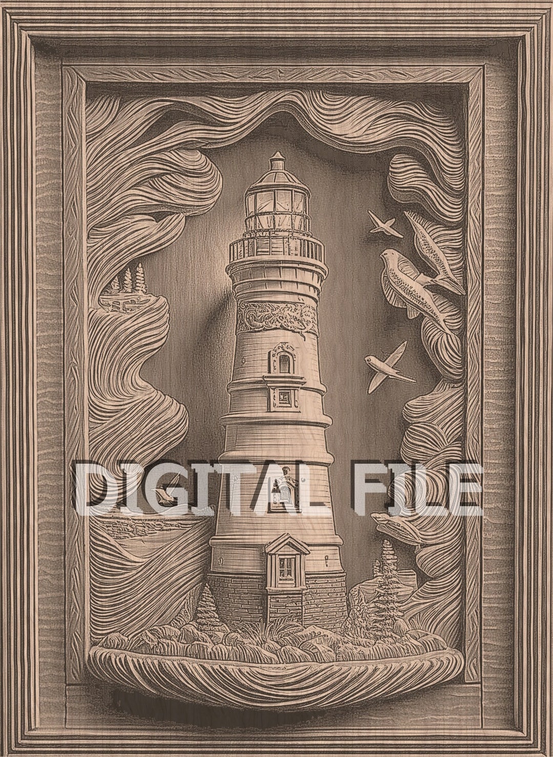 Laser Engraving Files, Lighthouse, 3D Illusion, Wood Engraving