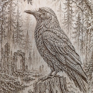 May include: A detailed wood burning art piece featuring a large raven perched on a tree stump. The background depicts a dense forest with tall pine trees, a small stream, and stone ruins. The entire composition is rendered in shades of brown.