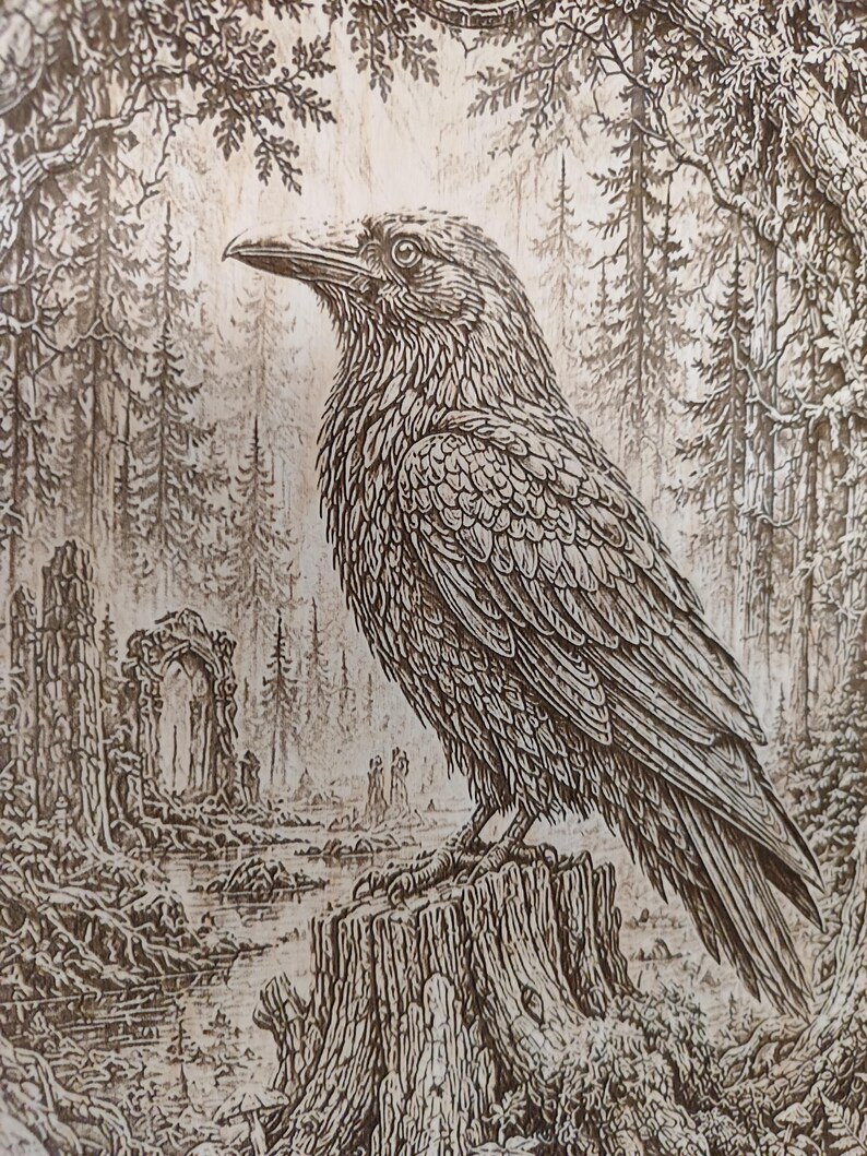 May include: A detailed wood burning art piece featuring a large raven perched on a tree stump. The background depicts a dense forest with tall pine trees, a small stream, and stone ruins. The entire composition is rendered in shades of brown.