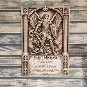 Könnte beinhalten: Eine rechteckige Wandtafel aus Holz mit einer detaillierten Lasergravur des Erzengels Michael mit Flügeln, Schwert und Schild, der über einem Dämon steht. Unter der Figur befindet sich der Text des Gebets zum Erzengel Michael.