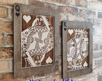 King and Queen of Hearts: Wood Laser Engraved Poker Cards Wall Art