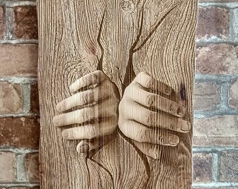 Wood Burning Open Hands Wall Art, Optical Illusion,  Laser Engraving Wall Decor.