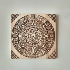 Wood Burning Mayan Calendar Wall Art, Aztec Sun Stone Calendar, Laser Engraving Wood Wall Decor