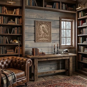 May include: A wooden study featuring a brown leather tufted armchair with a plaid throw, a rustic wooden console table, and floor-to-ceiling bookshelves. A framed print titled THE RAVEN hangs on the wall above the table, alongside a bird skull.