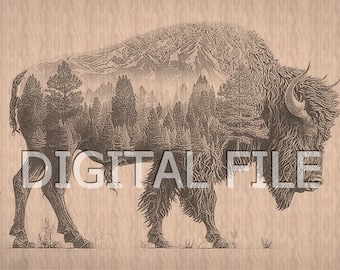 Laser Engraving Files, Bison, 3D Illusion, Wood Engraving, Glowforge Laser Ready.