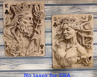 Laser Engraved Wood King & Queen of Clubs: Poker Room Art, Playing Card Wall Art