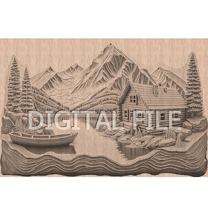 Lasergravur Dateien, Berge See Blockhaus 3D Illusion, Holzgravur, Glowforge Laser Ready.