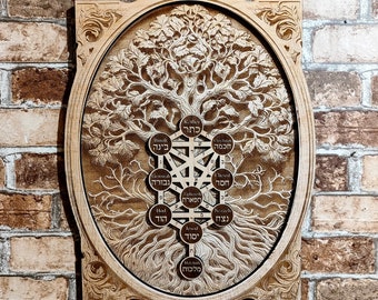 Sephiroth Kabbalah Tree of Life, Wood Laser Engraved Jewish Art, Occult Art.