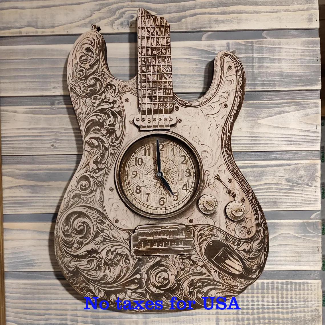 Laser Engraved Electric Guitar Wall Clock: Alder Plywood, Modern