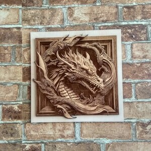 May include: A wooden wall art piece featuring a detailed carving of a dragon's head with intricate scales and a fierce expression. The dragon is surrounded by swirling vines and leaves, creating a sense of movement and energy. The artwork is framed in a simple wooden frame.