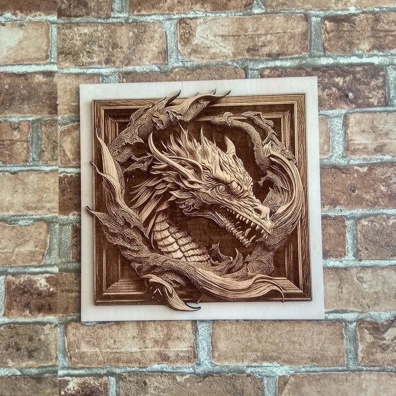 May include: A wooden wall art piece featuring a detailed carving of a dragon's head with intricate scales and a fierce expression. The dragon is surrounded by swirling vines and leaves, creating a sense of movement and energy. The artwork is framed in a simple wooden frame.