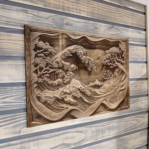 家具 Vintage 3D Wood ART Wave Wood Art, 3D Laser Engraved Birch Wall Decor - Etsy