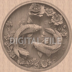 Lasergravur, Koi Fisch, Japanischer Karpfen, Holzgravur, Glowforge Laser Ready, xTool-Datei.