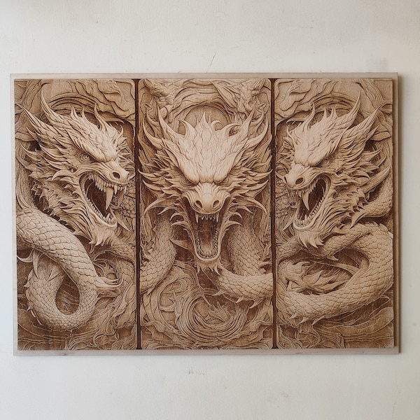 Dragons Heads Wall Art, 3D Illusion Wood Burning Art, Laser Gravé Mythologie Wall Art.