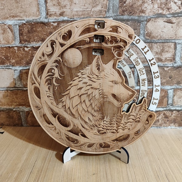 Wolf Perpetual Calendar, 2024 Wall Calendar, 3D Illusion Wood Laser Engraving, Celestial Decor.