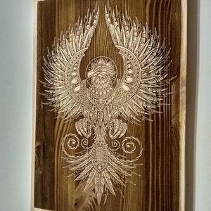 Wood Burned Phoenix Wall Hanging, Firebird Fantasy Inspirational Wall Art.