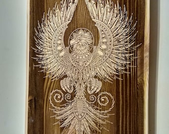 Wood Burned Phoenix Wall Hanging, Firebird Fantasy Inspirational Wall Art.