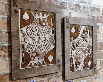 Laser Engraved Wood King & Queen of Spades: Poker Room Decor