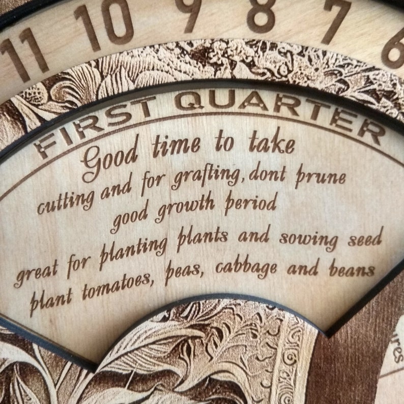 Peut inclure: Une roue de jardinage en bois avec un calendrier et des instructions de plantation. La roue est divis&eacute;e en quatre sections, chacune repr&eacute;sentant une saison diff&eacute;rente. La premi&egrave;re section est intitul&eacute;e "Premier trimestre" et comprend le texte "Bon moment pour prendre des boutures et pour le greffage, ne pas tailler bonne p&eacute;riode de croissance excellent pour planter des plantes et semer des graines planter des tomates, des pois, du chou et des haricots".
