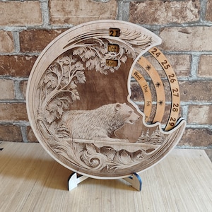 Bear Perpetual Calendar, Yearly Wall Calendar, 2025 Wall Calendar, 3D Illusion Wood Laser Engraving, Celestial Decor.