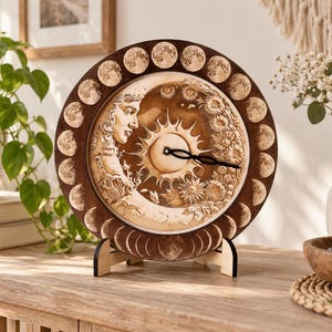May include: A circular wooden wall clock featuring a dark brown frame decorated with a series of moon phases. The center dial displays an intricate wood-burned illustration of a human profile, a central sun, and floral motifs with black hands.