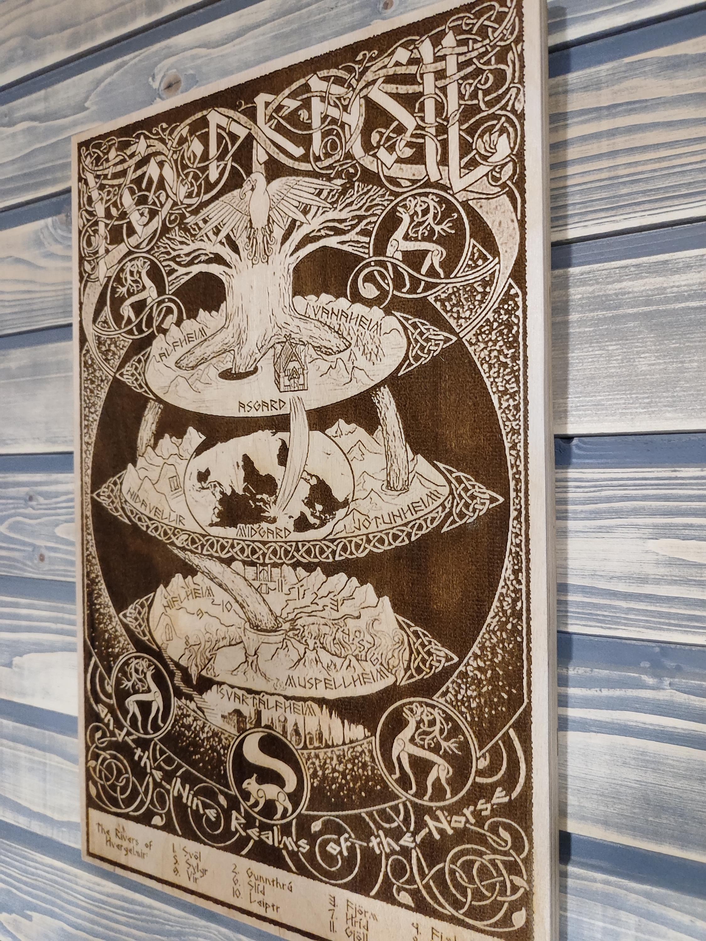 Wood Burned Yggdrasil Nine Worlds, World Tree, Norse Mythology