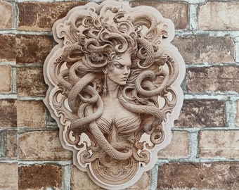 Medusa, dea greca, illusione 3D, mitologia greca, targa da parete con incisione laser su legno.