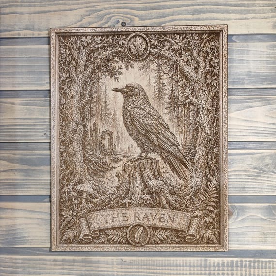 Raven Wall Art, Gothic Wood Decor, Engraved Raven Panel, Dark Forest Wall Hanging
