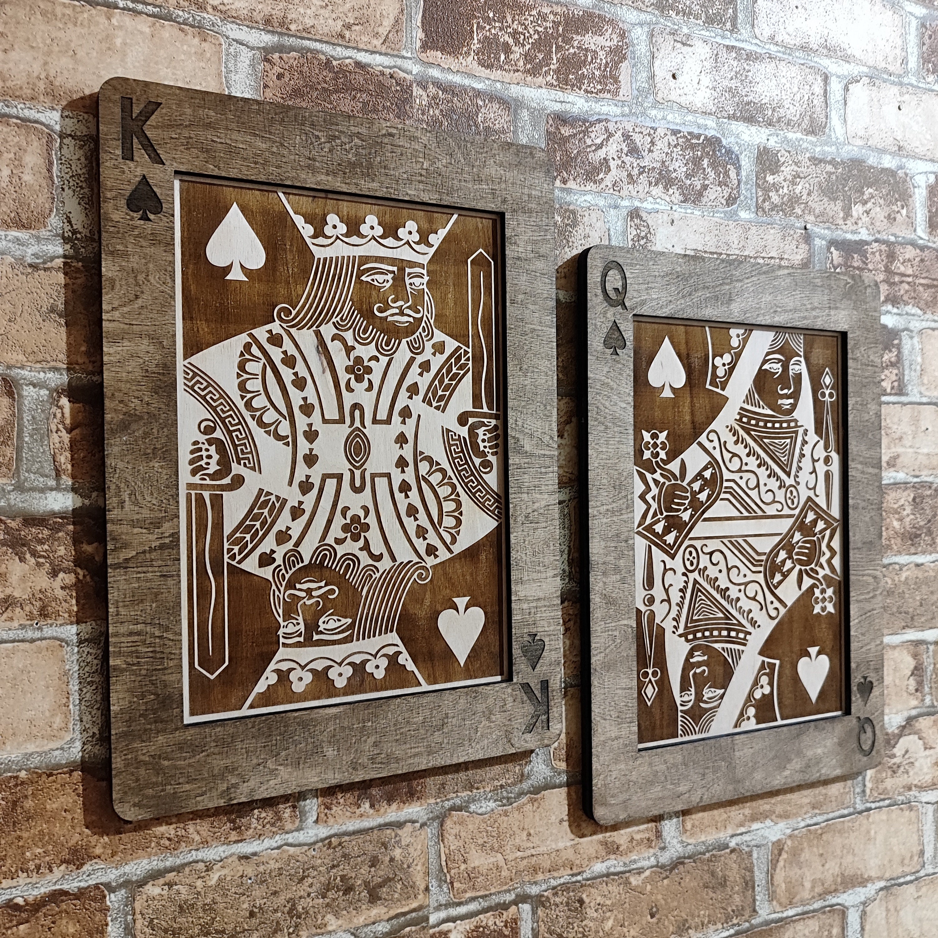 King and Queen of Spades Gaming Room Decor, Wood Laser Engraved Playing Cards, Poker Cards Wall Art.