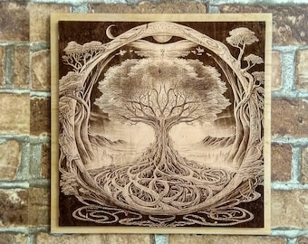 Tree of Life Laser Engraving Wall Decor, Norse Mythology Wood Burning Art.