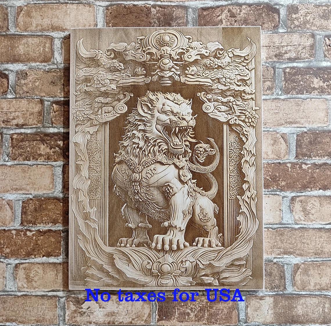 Foo Dog, Imperial Guardian Lion, 3D Illusion Wood Laser Engraving