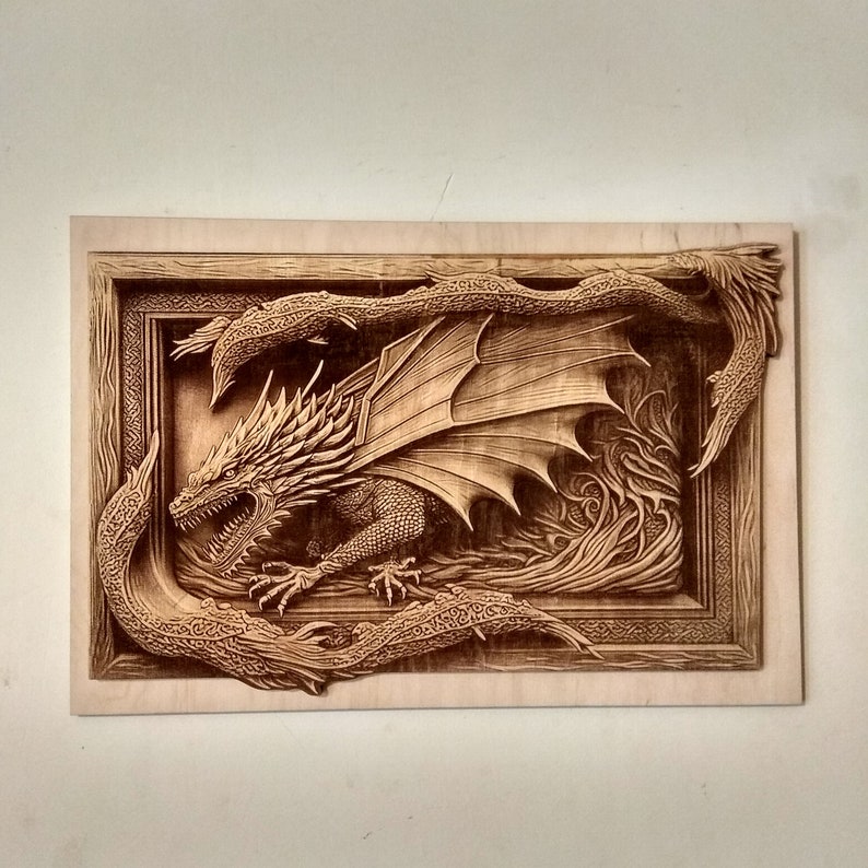 May include: A wooden wall art piece featuring a detailed carving of a dragon with its wings spread wide. The dragon is surrounded by intricate carvings of swirling flames and vines.