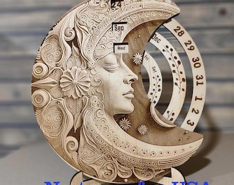 Calendrier perpétuel croissant de lune, calendrier mural 2026, gravure laser sur bois illusion 3D, décor céleste.